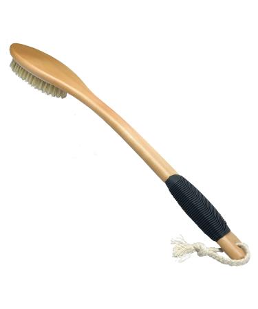 OWIIZI Bath Brush Wooden Curved Long Handle Antiskid Shower Brush for Exfoliating, Natural Bristle Scrubber for Back Use Wet or Dry Black Non-slip Rubber Grip