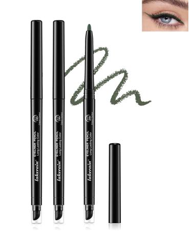 Dark Green Waterproof Eyeliner Pencil 2Pcs Smudge Proof Long Lasting Gel Eyeliner Creamy Waterline Eyeliner Highly Pigmented Micro-Fine Retractable Eyeliner with Built-In Sharpener & Smudger-06 06 Dark Green