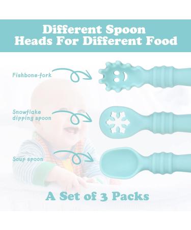 Vicloon Baby Fork and Spoon Set - Silicone Self Feeding Utensil for Infant Toddler - Easy Grip Toddler Cutlery Kit - Blue - Buy Online on GoSupps.com