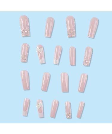 French Tip Press on Nails -Long Square Press On Nails with Nail Tips Pearl French Bow Design pink press on nails Acrylic False Nails Cute Artificial Nails - Buy Online on GoSupps.com
