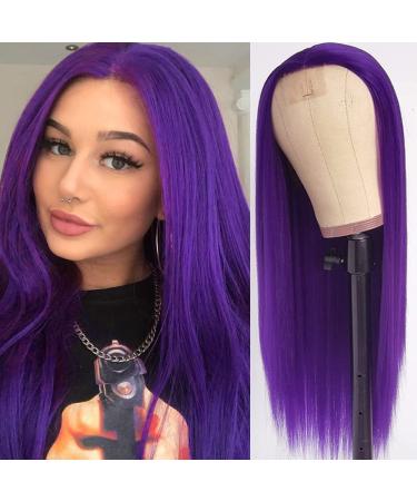 Lezaxiu Purple Synthetic Hair Wigs Long Straight Hair Natural Dark Purple Color Wig Heat Resistant Fiber Hair Wigs for Fashion Women D-purple 24 Inch (Pack of 1)