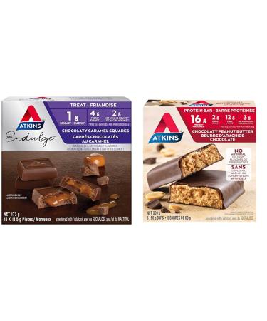 Atkins Endulge Treats Milk Chocolate Caramel Squares Low Sugar Keto Friendly High Fibre & Protein Bars - Chocolaty Peanut Butter Low Sugar Keto Friendly High Protein High Fibre Chocolate Caramel Endulge Treats+ Protein Bars
