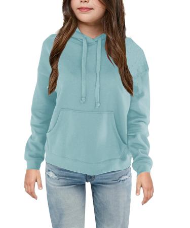 Bingerlily Girls Casual Hoodies Long Sleeve Cute Lightweight Pullover Tops with pocket Loose Solid Sweatshirt for 4-13 Years Light Blue 13 Years