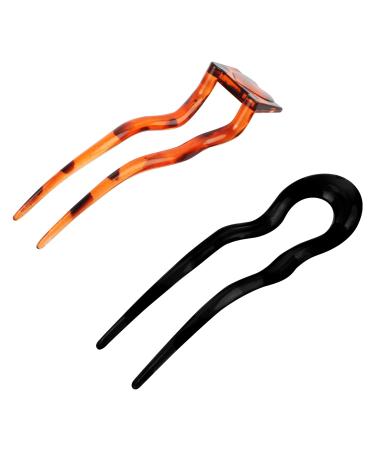 YEEPSYS 2 Pieces U Shaped Hairpin French Style Wavy Crink Hair Stick Cellulose Acetate U Shaped Vintage Hair Pin for Women Girls Hair Styling Accessories (5 Inch  Dark Brown+ Black) Light Brown+ Dark Brown
