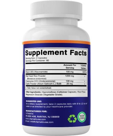 Vitamatic Citrinin-Free Red Yeast Rice 1200 mg. Capsules with CoQ10 100mg, Flush Free Niacin 100mg, & Garlic Powder 20mg - 120 Veg Capsules 120 Count (Pack of 1) - Buy Online on GoSupps.com