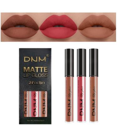 3Pcs Matte Red Brown Nude Liquid Lipstick Sets  Matte Lipstick Lip Stain Long Lasting 24 Hour Waterproof Lip Gloss Gift Set Matt Lipsticks Set Matt Liquid Makeup Lipstick for Women Lippies (Set09)