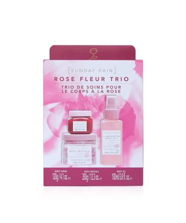 Sunday Rain Rose Fleur Trio Cruelty Free & Vegan Pamper Gift Set with Body Scrub Shimmer Body Oil and Bath Salts 3 Piece
