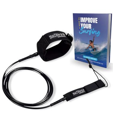 Madness Surfcraft Premium Surfing Leash. 5ft, 6ft, 7ft, 8ft, 9ft, 10ft Surfboard Leash, 5.5mm / 6mm / 7mm Surf Board, Longboard, SUP, Paddleboard Leash + Improve Your Surfing eBook 6ft - 7 mm