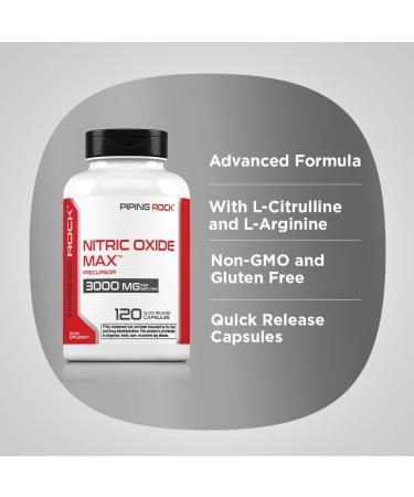 Piping Rock Nitric Oxide Supplement | 3000mg | 120 Capsules | Precursor for Men and Women | Max Blend with L Arginine and L Citrulline | Non-GMO Gluten Free - Buy Online on GoSupps.com