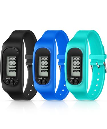 Silicone Fitness Tracker Watch 3 Pcs Walking Running Pedometer Calorie Burning and Step Counting Bracelet Steps Pedometer Watch for Walking Men Women Kids Mint Green Sky Blue Black