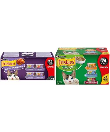 Purina Friskies Turkey Experience Wet Cat Food Super Pack 32 x 156g Cans Brown (44338) & Indoor Wet Cat Food Variety Pack 3 Flavours - 156 g Can (24 Pack) Cat Food + Cat Food