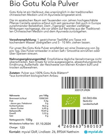 Myvial Gotu Kola Powder Bio 100g - Vegan Tiger Grass (Centella Asiatica) from Sri Lanka | Additive-Free Plastic-Free Raw Food Lab Tested - International Shipping Available - Buy Online on GoSupps.com
