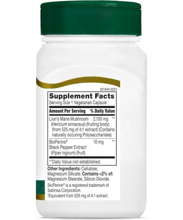 21st Century Lion's Mane 2 100 mg Plus Black Pepper Extract Vegetarian Capsules 60 Count - Buy Online on GoSupps.com