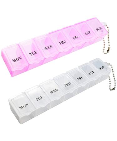 2Pcs Pill Box Portable Pill Organiser Travel Tablet Box 7 Days Tablet Organiser with Compartments for Medication Supplements Vitamins and Cod Liver Oil(Pink and White)