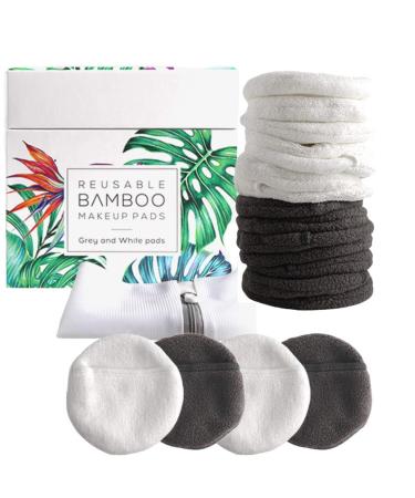 Luxury Bamboo Reusable Makeup Remover Pads, NYC, USA Brand (14 Pack), Four Layer Face Pads with Pocket - White and Grey Reusable Bamboo Face Pads - Eco-Conscious Makeup Remover Pads - Includes Mesh Washing Bag (White/Grey)