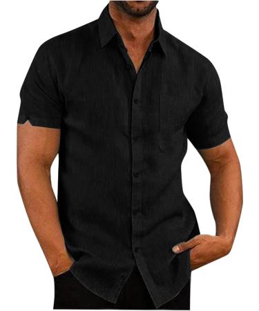 Men's Linen Short Sleeve Reversible Collar Shirt - Black Henley with Pocket | 4XL Business & Medieval Style - Buy Online on GoSupps.com