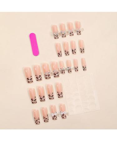Shop Glossy Brown Leopard Print French Tip Press On Nails - 24pcs Long Square Acrylic Nails with 3D Bow Designs | Cute Full Cover Glue-On Nails for Women - Buy Online on GoSupps.com