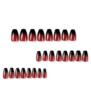 Buy Halloween Press On Nails | Short Coffin Ombre Acrylic Nails - 24 Pcs Red & Black Glossy Full Cover for Women - Buy Online on GoSupps.com