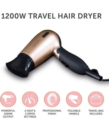 Carmen C80020 Noir Travel Hair Dryer - 1200W Black/Rose Gold with Concentrator Nozzle & Travel Bag - Buy Online on GoSupps.com