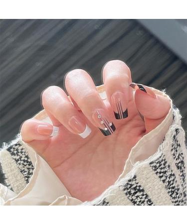 French Press on Nails - Mid length Square Press On Nails with Nail Tips Black and white edges Glitter Rhinestones Design Coral color Glossy press on nails Acrylic False Nails Cute Artificial Nails - Buy Online on GoSupps.com