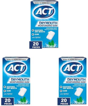ACT Dry Mouth Moisturizing Gum With Xylitol Sugar Free Soothing 20 Pieces - Mint - Pack Of 3