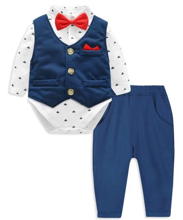 mintgreen Baby Boys Formal Outfit 3 Pieces Newborn Gentleman Wedding Tuxedo Bodysuit + Waistcoat + Trousers Blue 6-9 Months