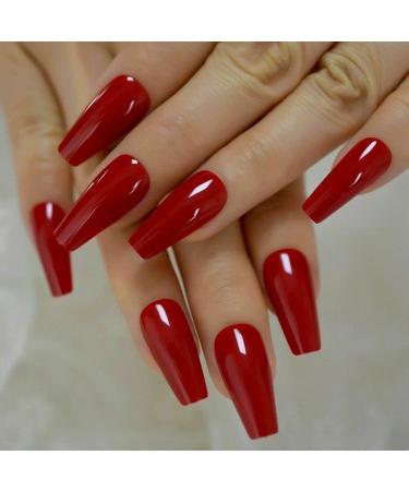 A N K 24 pieces Long Coffin Bellarine Tapered full coverage glossy false Nails Fake Arcylic press on nails hand manicure for women and girls (red)