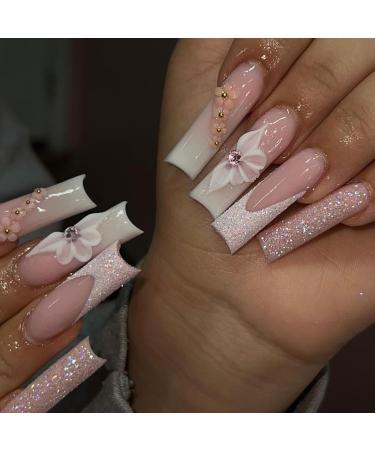 Long French Tip Press on Nails Silver Edge Sparkling Pink Flower Gradient Rhinestones False Nail Armor Press On Nails with Nail Tips press on nails Acrylic False Nails Cute Artificial Nails