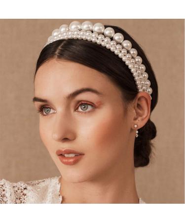 Aimimer Bridal Pearl Headband 3 Pcs Vintage Large Pearl Tiara Crown Ivory Simulated Pearl Hair Hoop for Wedding Prom Party Hair Jewelry for Women and Girls