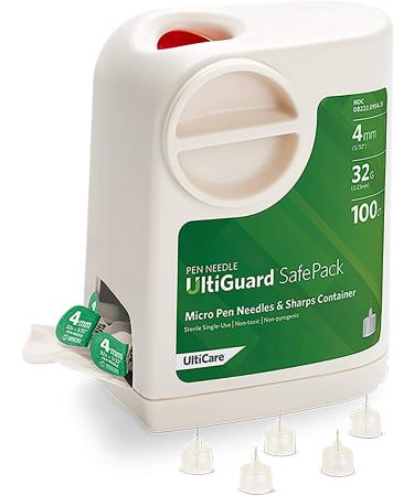 All-in-One UltiGuard Safe Pack Pen Needles and Sharps Container for at-Home Insulin Injections and Safe Needle Disposal, Size: Mini 4mm (5/32) x 32G, 100 Count Self-disposal