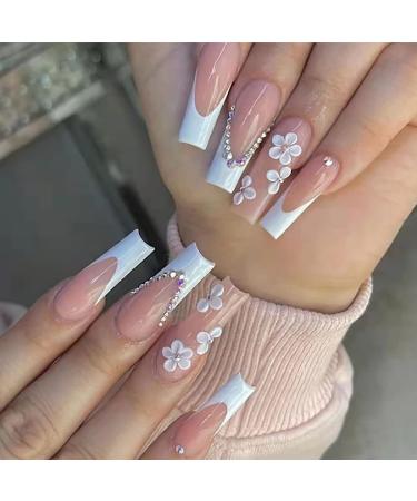 Brishow coffin artificial nails French nails to stick on flower press on nails ballerina acrylic wrong nails 24 pieces for women and girls