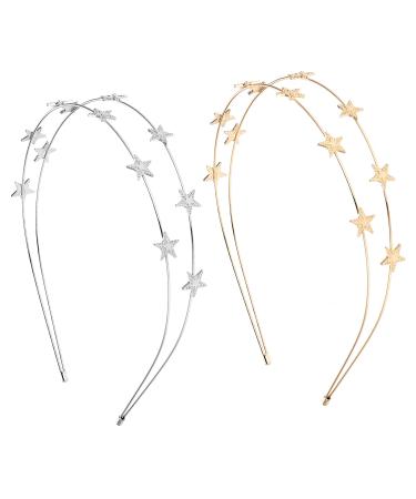 WLLHYF 2 Pieces Star Headbands for Women Girls Star Rhinestone Hair Hoop Pearl Headwear Wedding Headpiece for Bride Hair Bands Accessories (double layer gold/double layer silver)