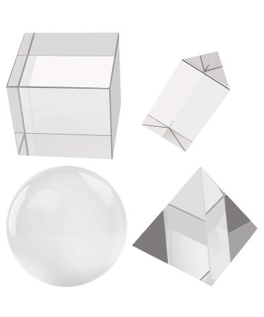 4 Pack K9 Optical Crystal Photography Prism Set with 50mm Glass Triangular Prism, 55mm Crystal Ball, 50mm Crystal Cube, 60mm Optical Pyramid for Teaching Science Physics, Playing & Photo Photography