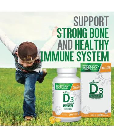 Benemax Vitamin D3 2500 IU For Healthy Bones Teeth and Helps Prevent Vitamin D Deficiency Plant Based & Vegan 360 Day Supply - Buy Online on GoSupps.com