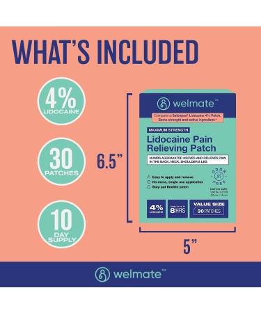 Welmate 4% Lidocaine Numbing Patch | Maximum Strength for Aches, Pains, Muscle Soreness & Joint Pain | Arthritis Relief | 30 Count Unscented Lidocaine Patch - Buy Online on GoSupps.com