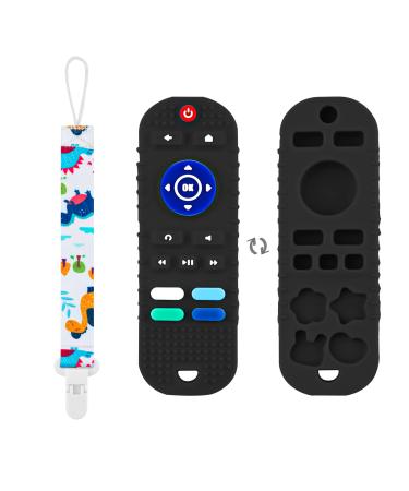 Silicone Baby Teething Toy Remote Control Shaped Baby Teether with a Cute Pacifier Clip Chain Soft Baby Chew Toys Early Sensory Education Molar Toy for Babies 3-18 Months (Black)