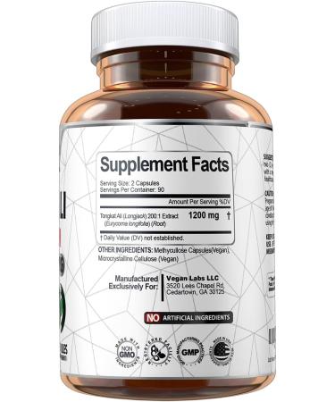Vegan Labs Tongkat Ali 200:1 Extract - 1200MG Energy & Stamina Support - 180 Vegan Capsules - Gluten Free & Non-GMO Supplement - Buy Online on GoSupps.com