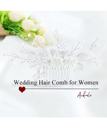 Aukmla Silver Pearl Flower Bride Wedding Hair Comb - Bridal Leaf Headpiece for Women & Girls - Buy Online on GoSupps.com
