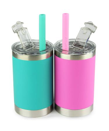 Housavvy 12 Oz Kids Tumblers with Lids and Straws Spill Proof Vaccum Insulated Stainless Steel Kids Cups Easy to Clean Toddler Smoothie Cups BPA Free Baby Sippy Cups for Toddlers Olive-Green/Hot-Pink