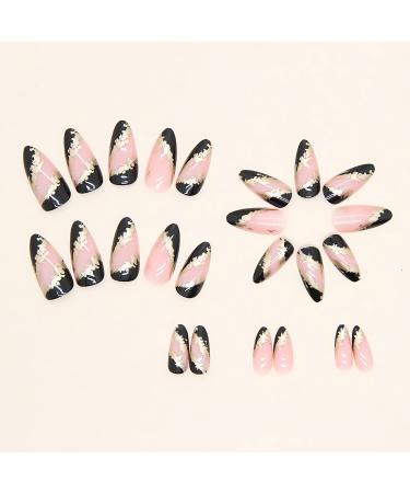 Medium Almond Black French Tip Press on Nails with Gold Foil - 24pcs - Buy Online on GoSupps.com