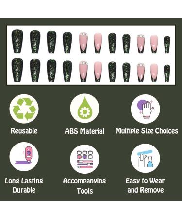 Glitter Emerald Green Press On Nails | Long Coffin French Tip Fake Nails with Rhinestone Design | 24 Pcs Acrylic Stick-On Nails for Weddings & Birthdays - Buy Online on GoSupps.com