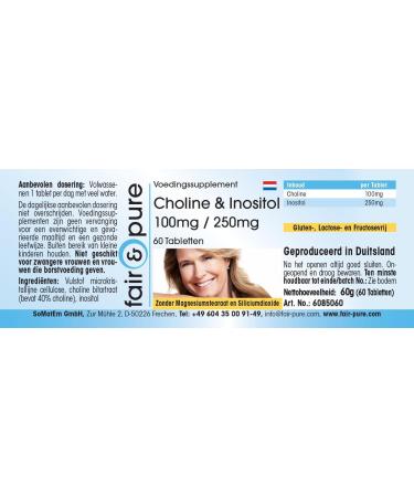 Fair & Pure Choline Tablets with Inositol - Vegan 100mg Choline & 250mg Inositol - Non-GMO No Magnesium Stearate - 60 Count - Buy Online on GoSupps.com