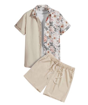 Romwe Men's 2 Piece Outfits Tropical Print Short Sleeve Button Down Shirt and Shorts Set Medium Beige Floral Print