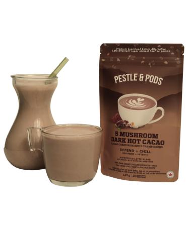 Pestle and Pods 5 Mushroom Dark Hot Cacao Powder Coffee Alternative | Organic | Unsweetened | Vegan | No Added Sugar | 100 % Organic Real Raw Cacao Canadian Grown Mushrooms Reishi Chaga Turkey Tail Cordyceps Lion's Mane | Jitter-free focus | Very Low Caff