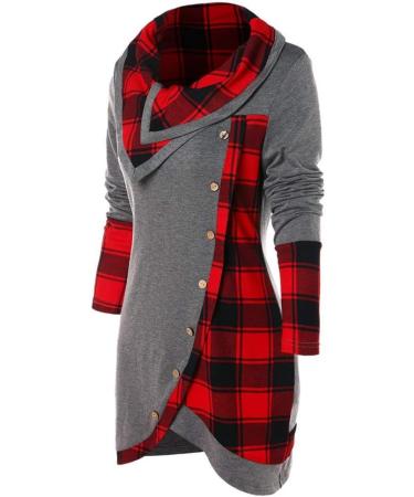 Bigfanshu Women's Plaid Patchwork Sweatshirt Sleeve Irregular Hem Button Tartan Tunic Autumn Winter Pullover Tops Gray - Buy Online on GoSupps.com
