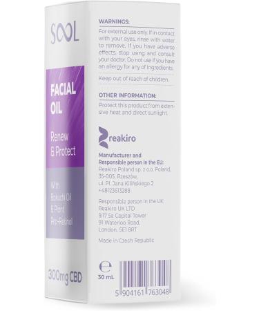 SOOL CBD Facial Oil Renew & Protect 300mg 30ml With Bakuchi Oil & Plant ProRetinol CollagenFriendly Formula - Buy Online on GoSupps.com
