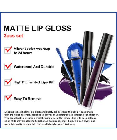Go Ho Matte Lipstick Set - Waterproof Long Lasting Lip Gloss Trio in Black, Blue, and Purple | Nude Lip Tint Stain Makeup - 3PCS Matte Colors - Buy Online on GoSupps.com