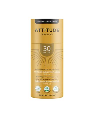 ATTITUDE Sunscreen Stick Broad Spectrum UVA/UVB Plant and Mineral-Based Formula Vegan and Cruelty-free Sun Care Products Body SPF 30 Tropical 3 Ounces
