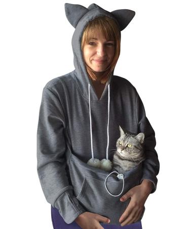 Dresswel women hooded sweater sweater with dog bag cats dog bag bag hoodie cat sweatshirt sweater with hooded cat sweater bag long arm autumn winter s dark gray