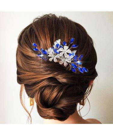 Flayem Wedding Hair Side Comb Bridal Blue Rhinestone Headpieces Flower Leaf Hair Comb Bride Bridesmaid Hair Accessories for Women